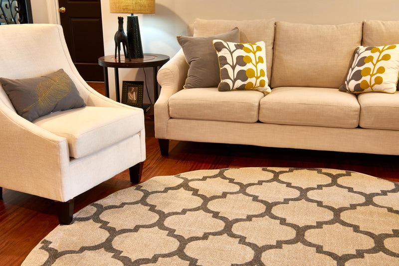 Lattice Gardens Collection Area Rug - Bloomfield (Beige and Gray) Round Beige and Gray lifestyle 32
