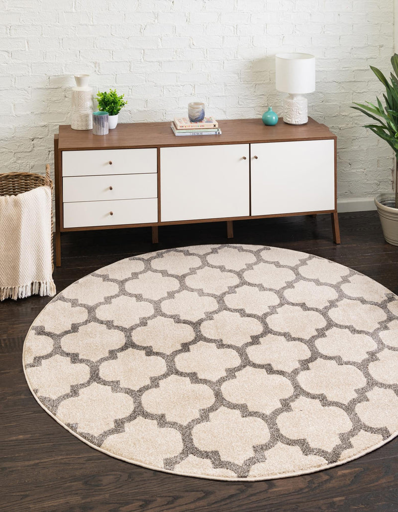Lattice Gardens Collection Area Rug - Bloomfield (Beige and Gray) Round Beige and Gray lifestyle 26