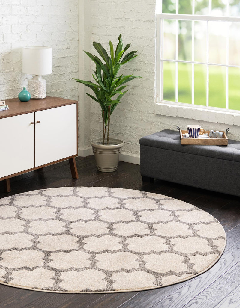 Lattice Gardens Collection Area Rug - Bloomfield (Beige and Gray) Round Beige and Gray lifestyle 33