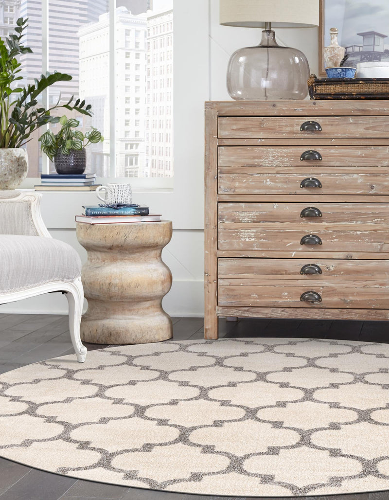 Lattice Gardens Collection Area Rug - Bloomfield (Beige and Gray) Round Beige and Gray lifestyle 41