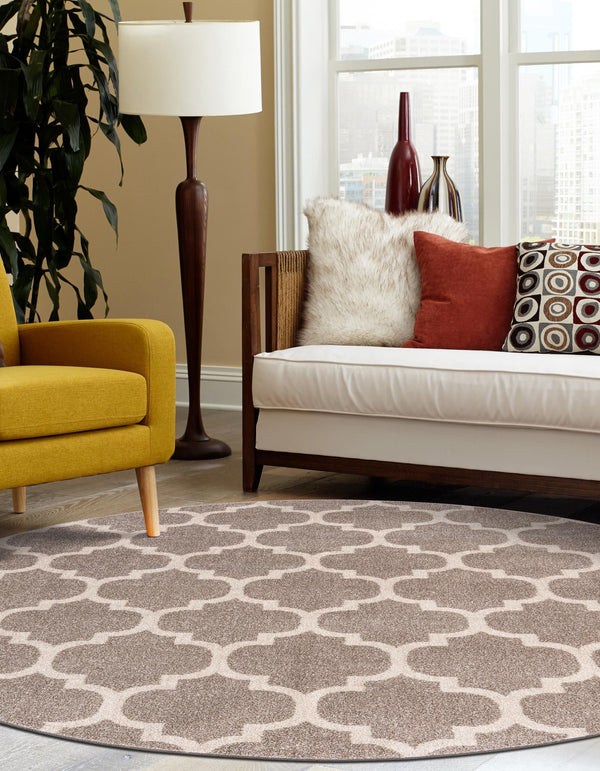 Lattice Gardens Collection Area Rug - Bloomfield (Light Brown) Round Light Brown lifestyle 47