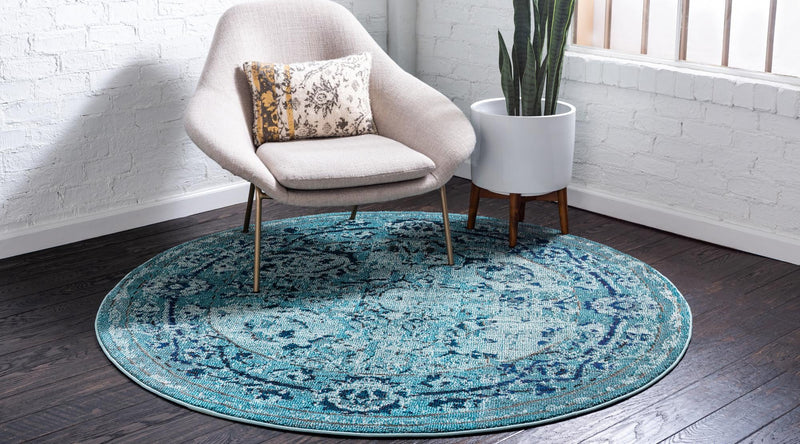 Chateau Elegance Collection Area Rug - Louvre Round Light Blue lifestyle 49
