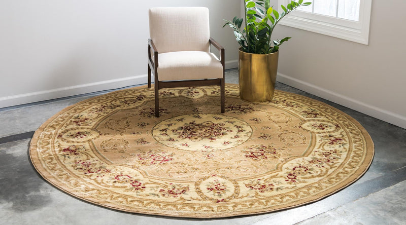Versailles Elegance Collection Area Rug - Bellevue Round Tan lifestyle 56