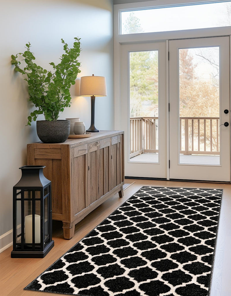 Lattice Gardens Collection Area Rug - Bloomfield (Black) Runner Black lifestyle 34