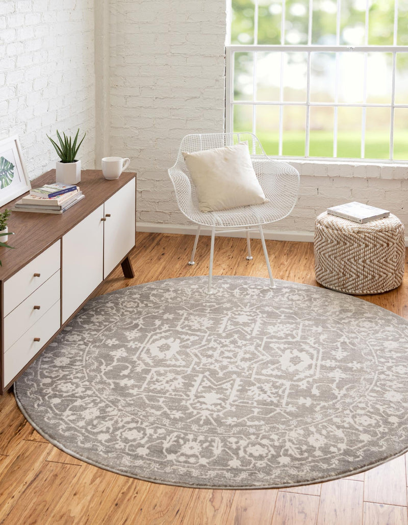 Rustic Charm Revival Collection Area Rug - Farmstead Round Light Gray lifestyle 26
