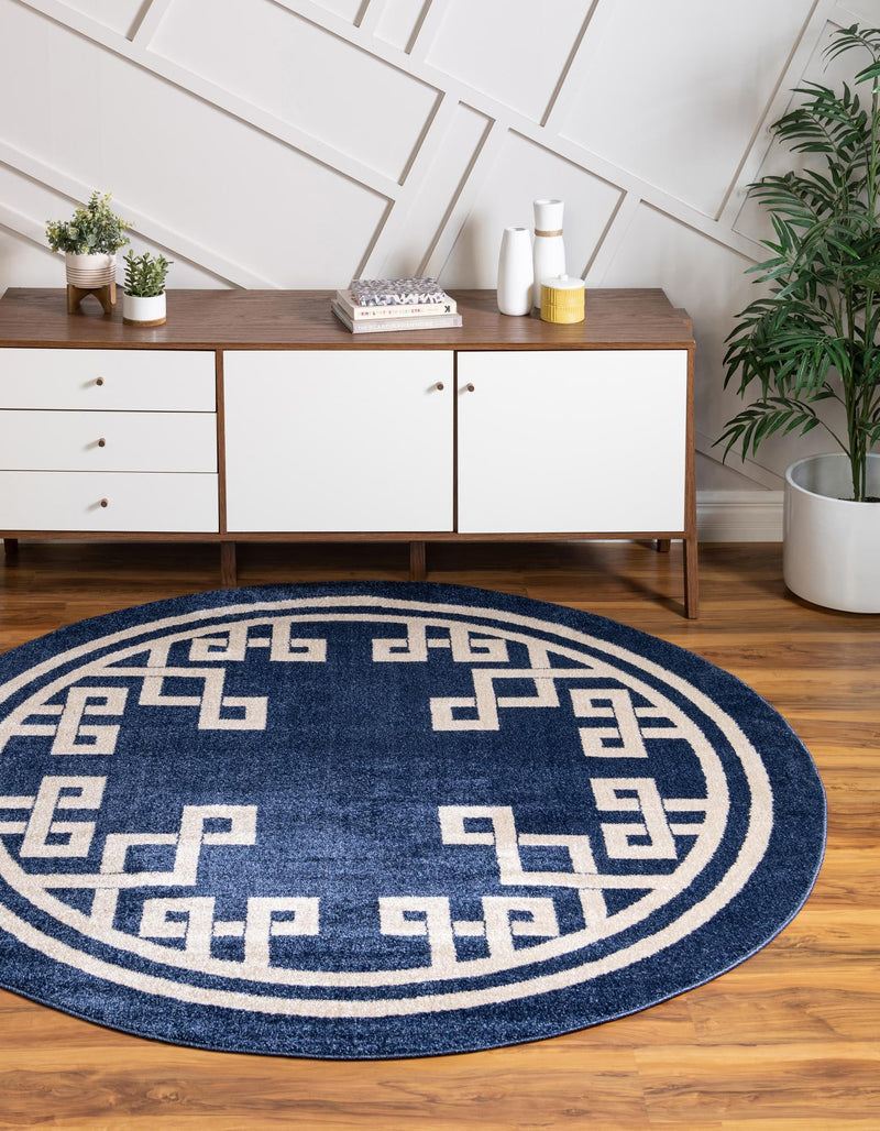 Aegean Labyrinth Collection Area Rug - Rhodes Round Dark Blue lifestyle 45