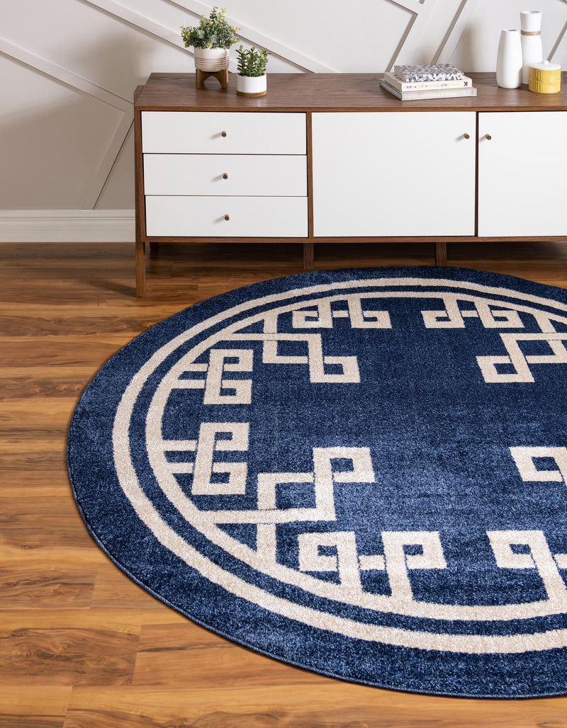 Aegean Labyrinth Collection Area Rug - Rhodes Round Dark Blue lifestyle 49