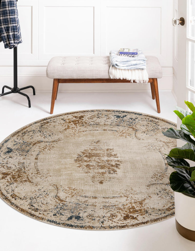 Coastal Manor Collection Area Rug - Pierpoint Round Blue Cream lifestyle 18