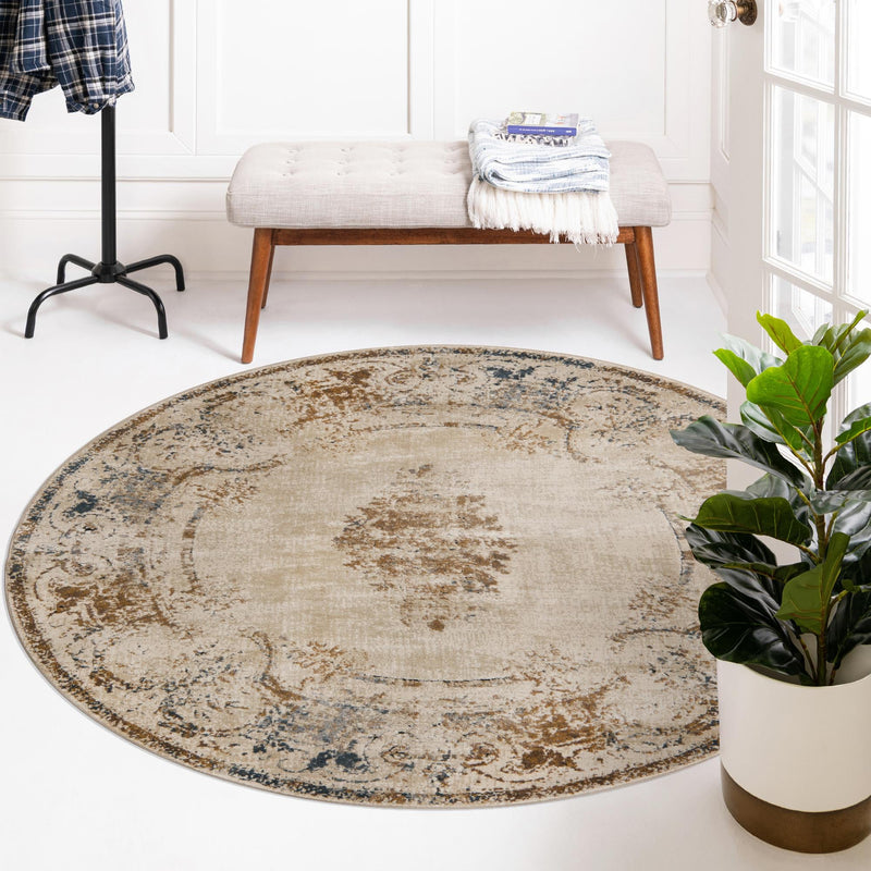 Coastal Manor Collection Area Rug - Pierpoint Round Blue Cream lifestyle 54