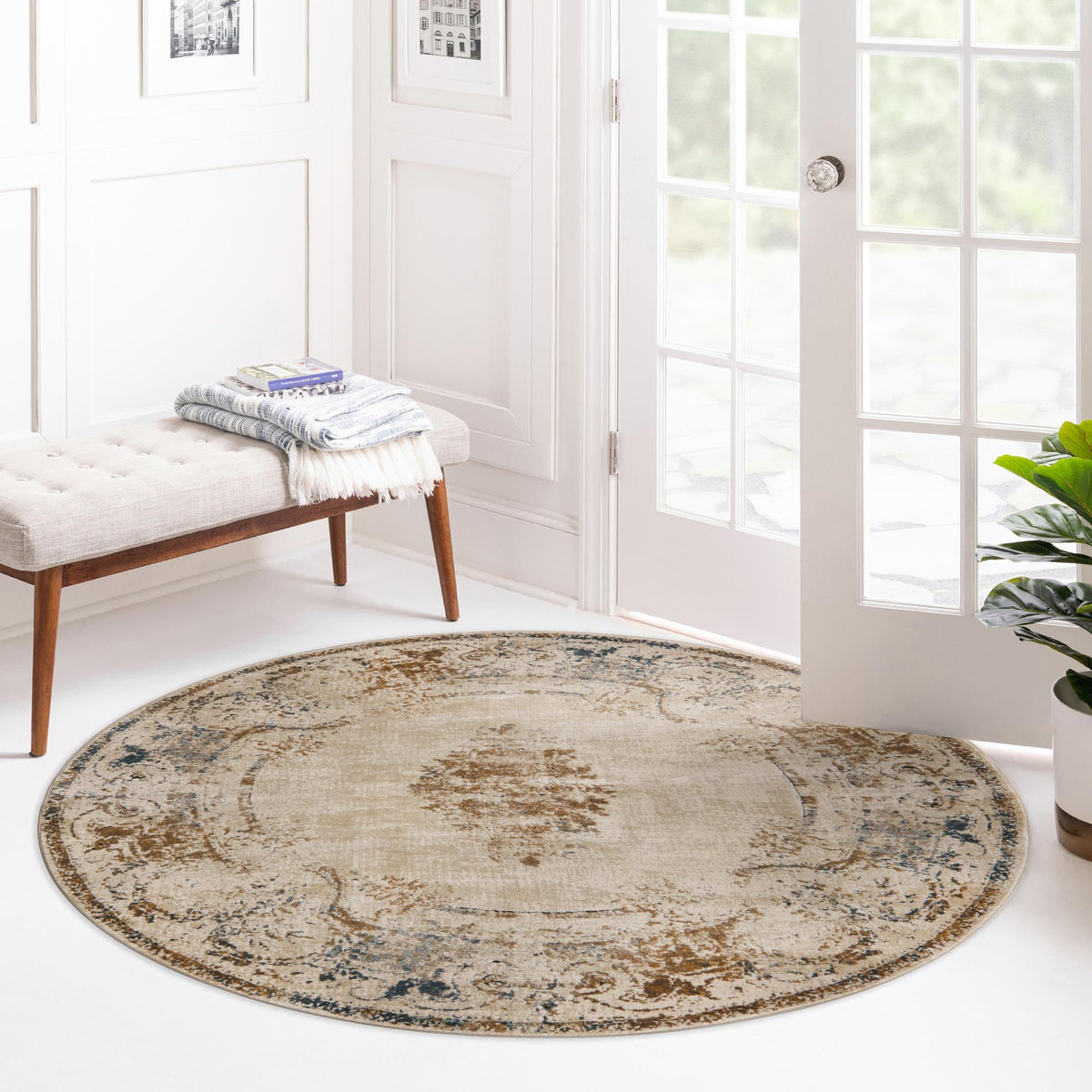 Coastal Manor Collection Area Rug - Pierpoint Round Blue Cream lifestyle 55