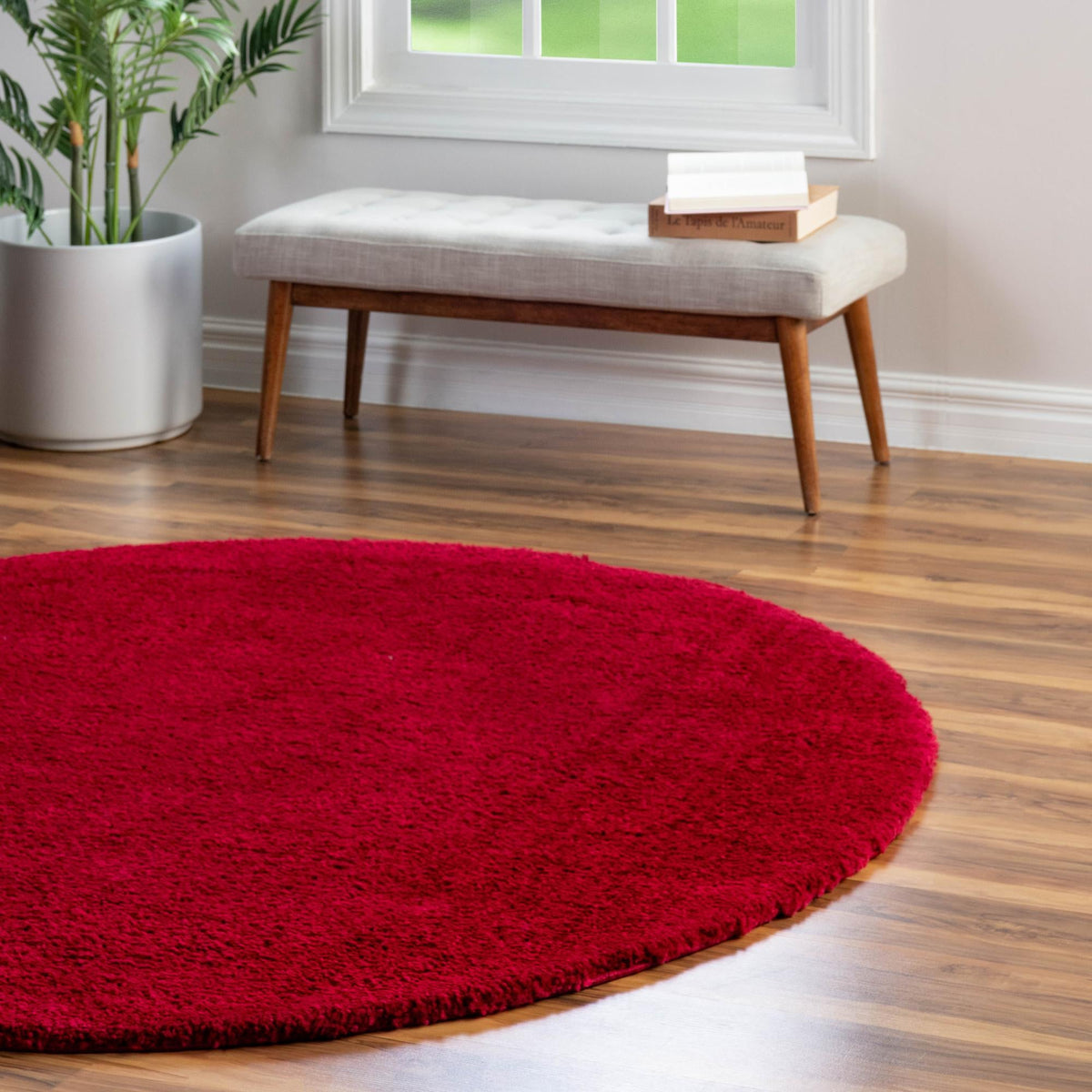 Solid Shag Seaside Collection Area Rug - Azure Cove (Red) Round Red lifestyle 46