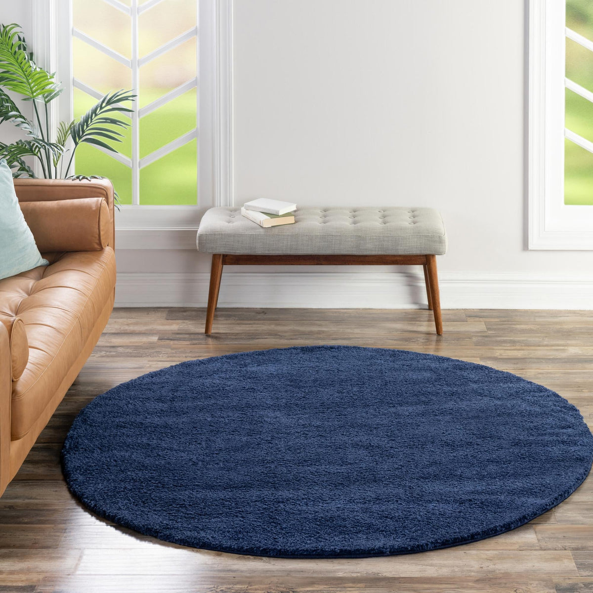 Solid Shag Seaside Collection Area Rug - Azure Cove (Navy Blue) Round Navy Blue lifestyle 94