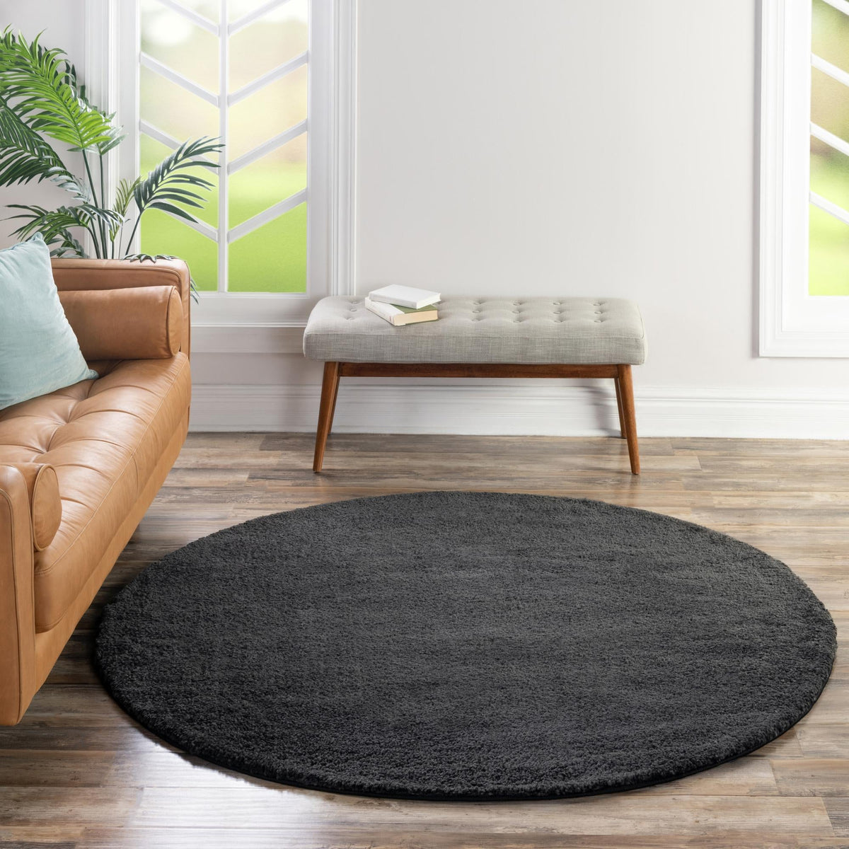 Solid Shag Seaside Collection Area Rug - Azure Cove (Charcoal) Round Charcoal lifestyle 45