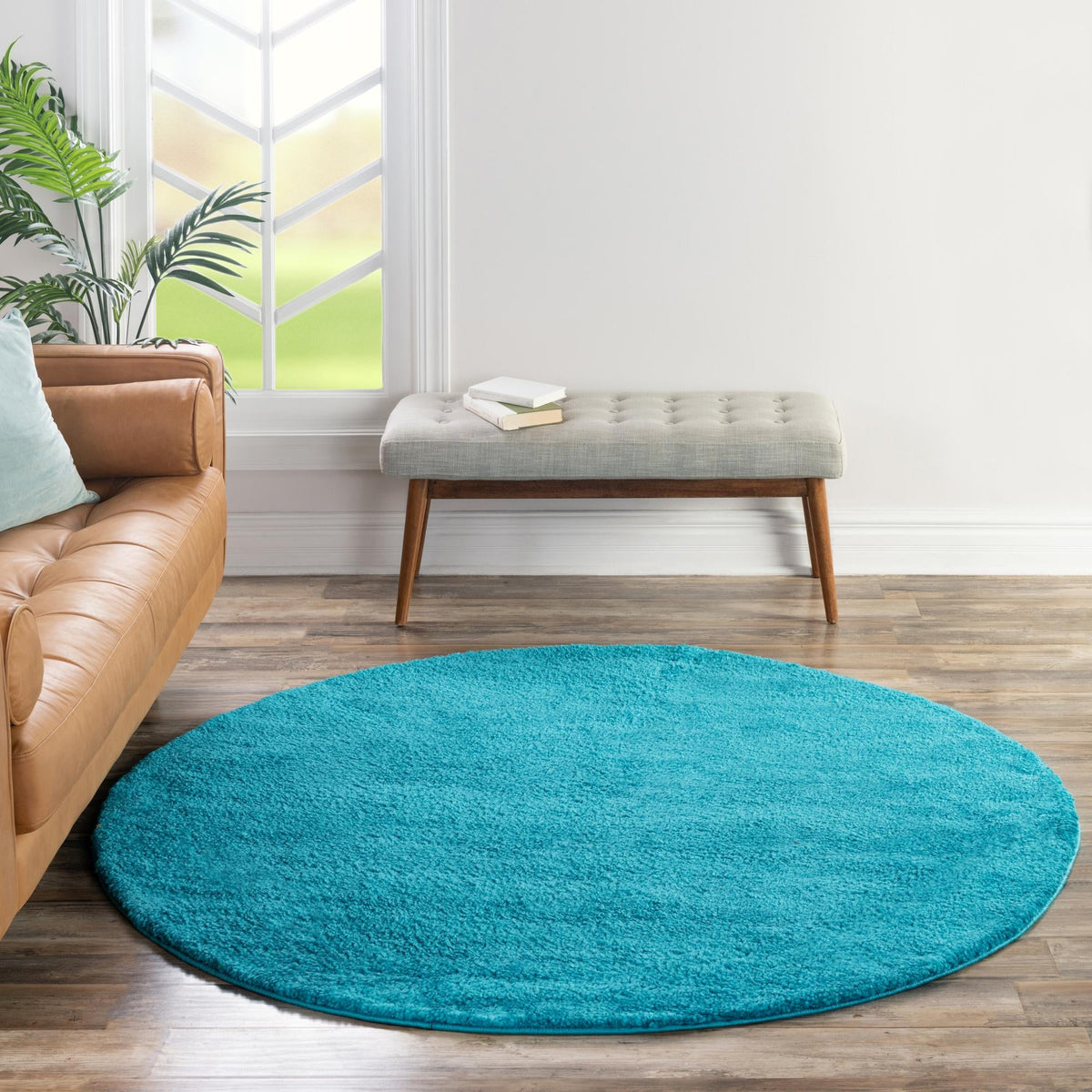 Solid Shag Seaside Collection Area Rug - Azure Cove (Turquoise) Round Turquoise lifestyle 51
