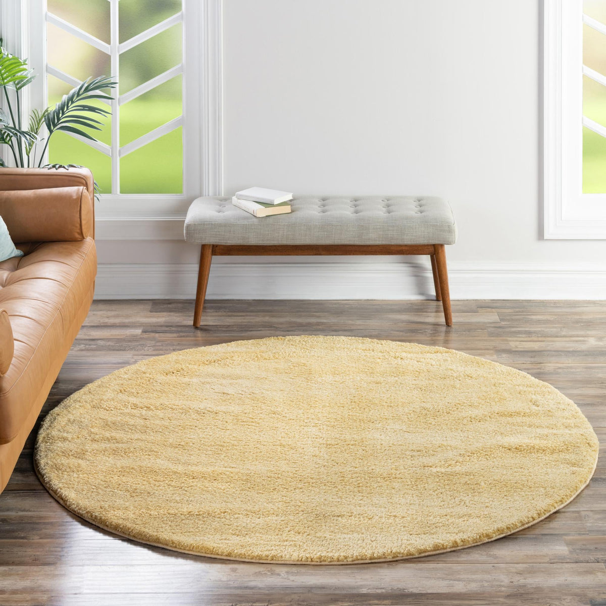 Solid Shag Seaside Collection Area Rug - Azure Cove (Yellow) Round Yellow lifestyle 49