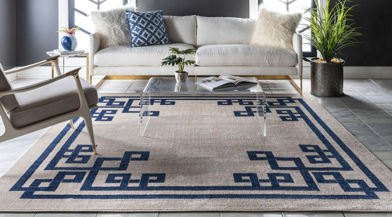Aegean Labyrinth Collection Area Rug - Rhodes Square Beige and Blue lifestyle 85