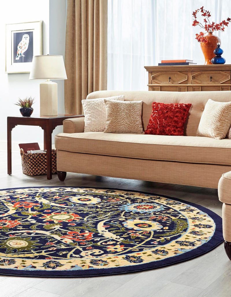 Tabriz Tapestry Collection Area Rug - Sahand (Navy Blue) Round Navy Blue lifestyle 18
