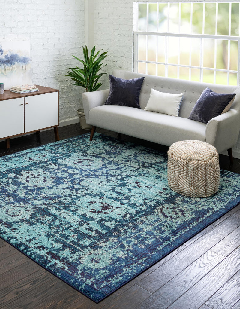 Chateau Elegance Collection Area Rug - Louvre Square Blue lifestyle 60