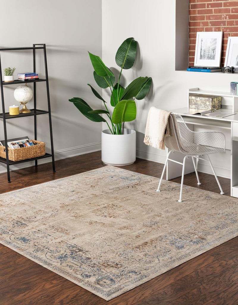 Coastal Manor Collection Area Rug - Pierpoint Square Blue Cream lifestyle 22