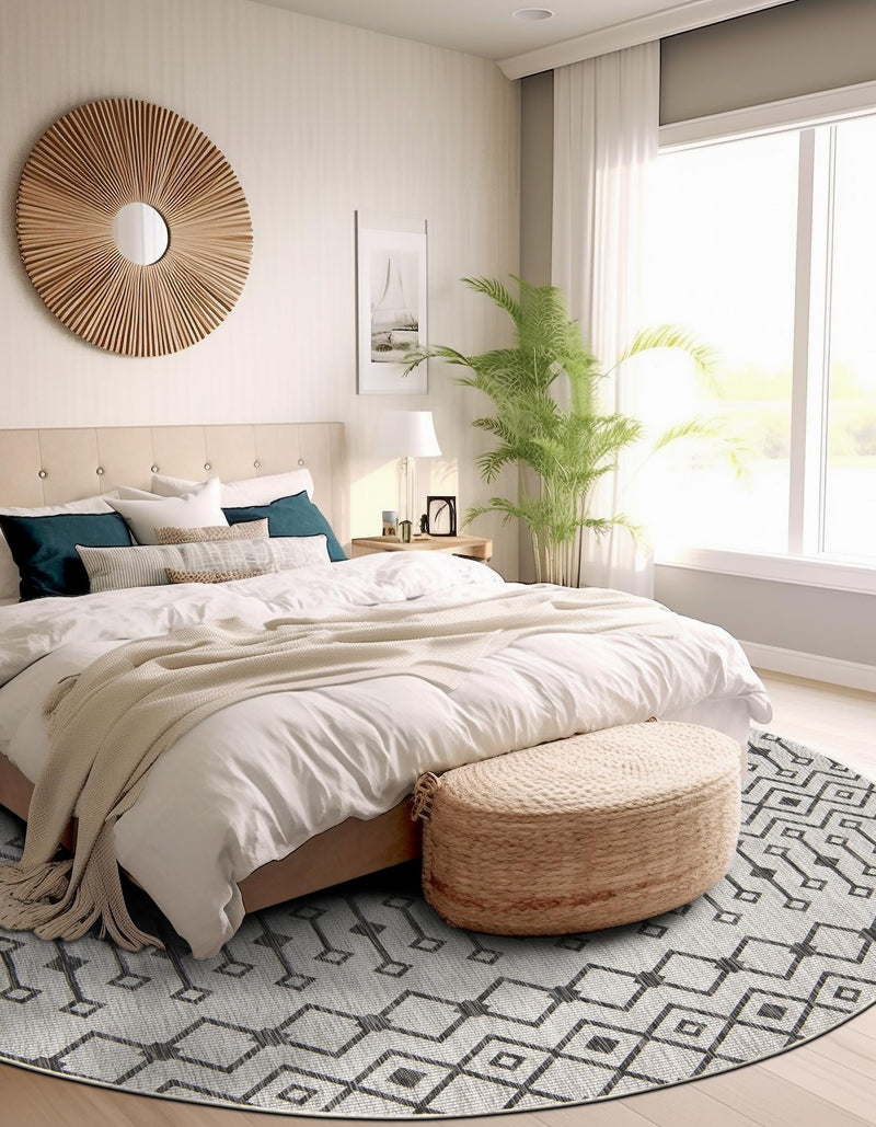 Garden Lattice Oasis Collection Area Rug - Pergola (Gray) Round Gray lifestyle 54