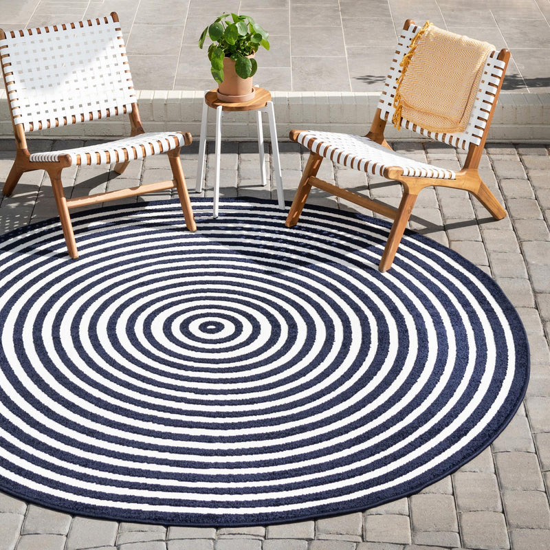 Catalina Cove Outdoor Collection Area Rug - Avalon Round Navy Blue lifestyle 58