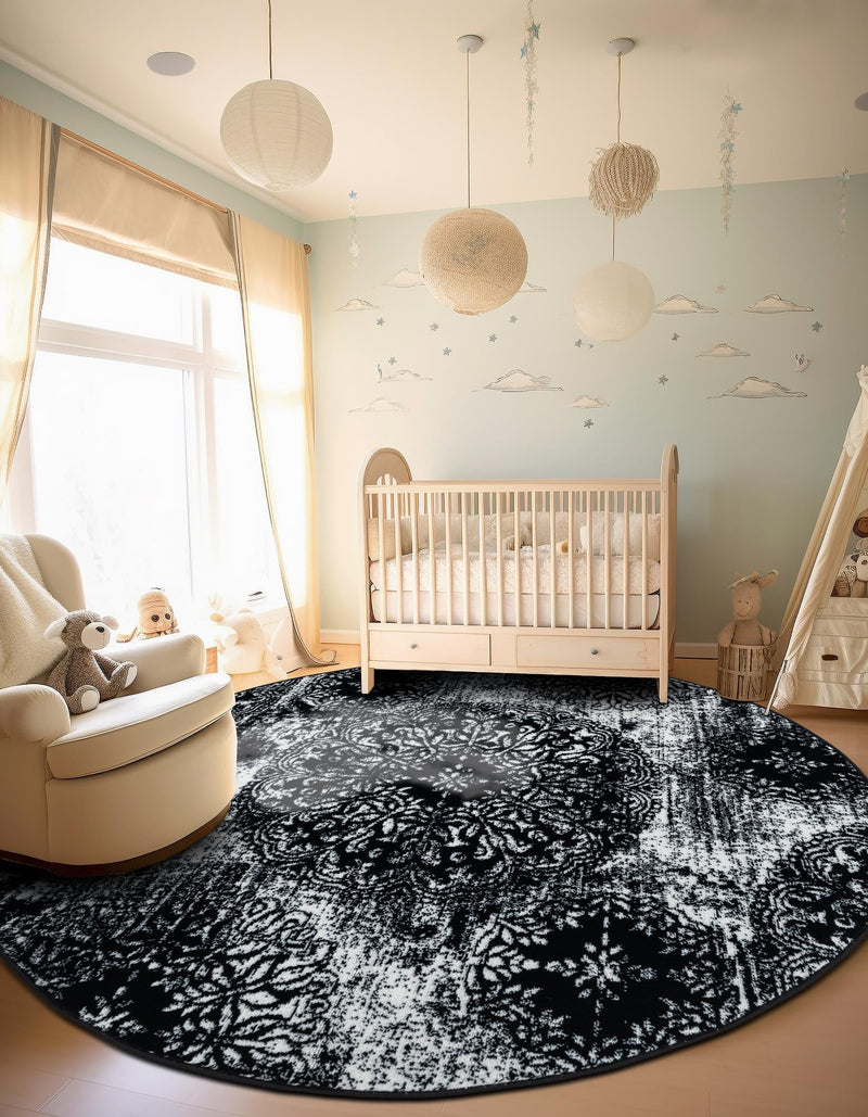 Riviera Elegance Collection Area Rug - Monaco (Black) Round Black lifestyle 10