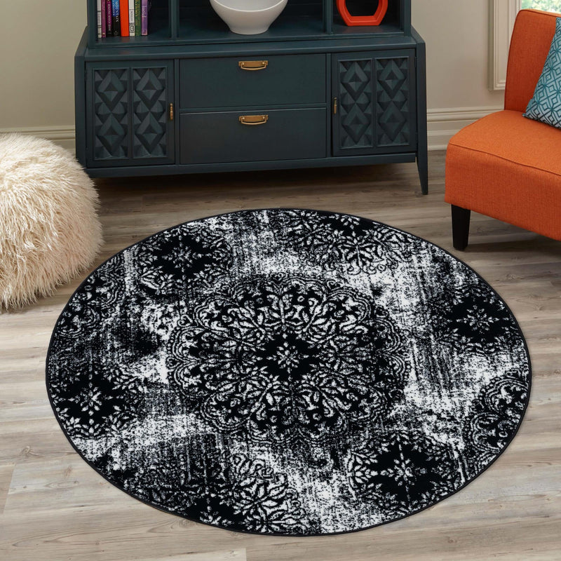 Riviera Elegance Collection Area Rug - Monaco (Black) Round Black lifestyle 33