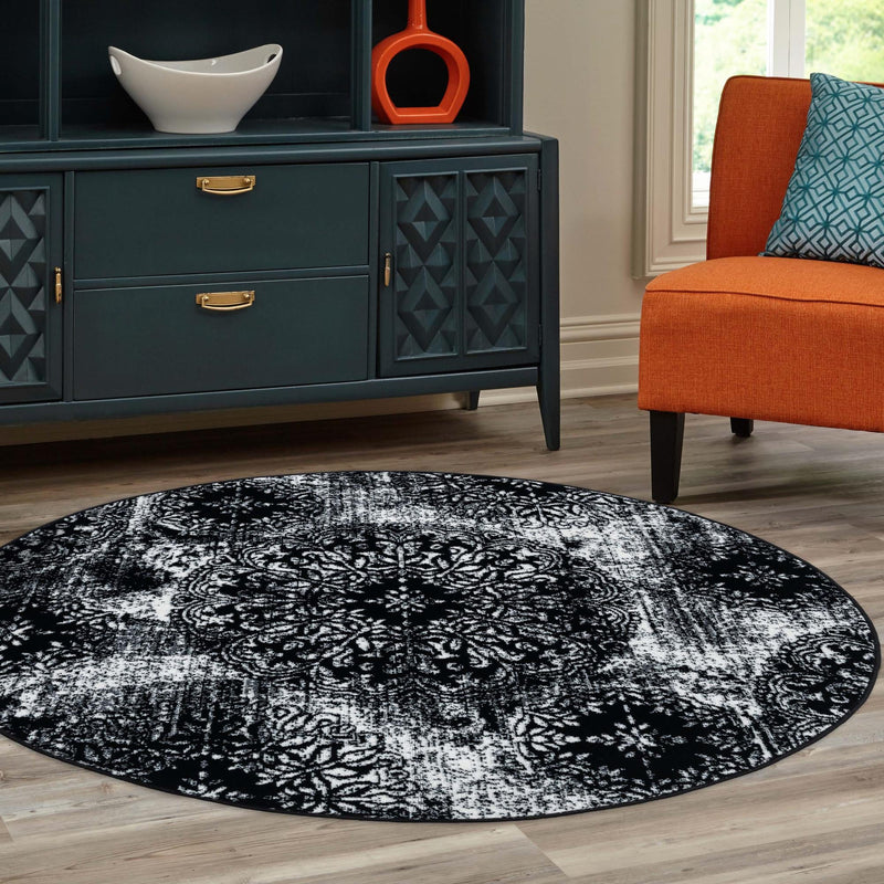 Riviera Elegance Collection Area Rug - Monaco (Black) Round Black lifestyle 34