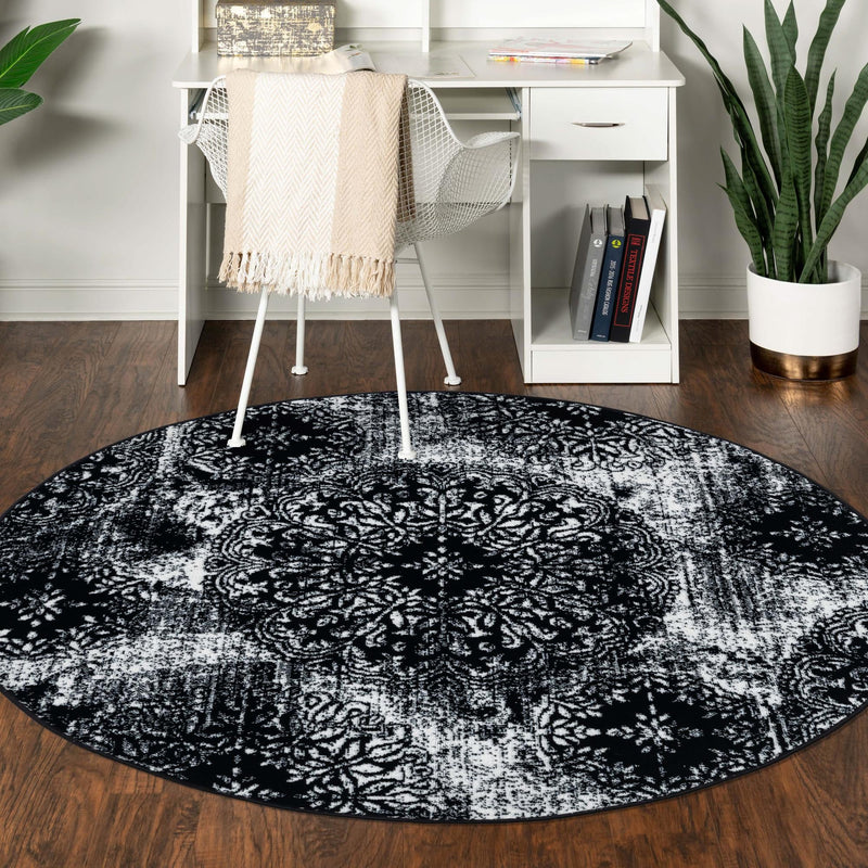 Riviera Elegance Collection Area Rug - Monaco (Black) Round Black lifestyle 35