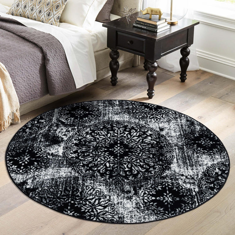 Riviera Elegance Collection Area Rug - Monaco (Black) Round Black lifestyle 36