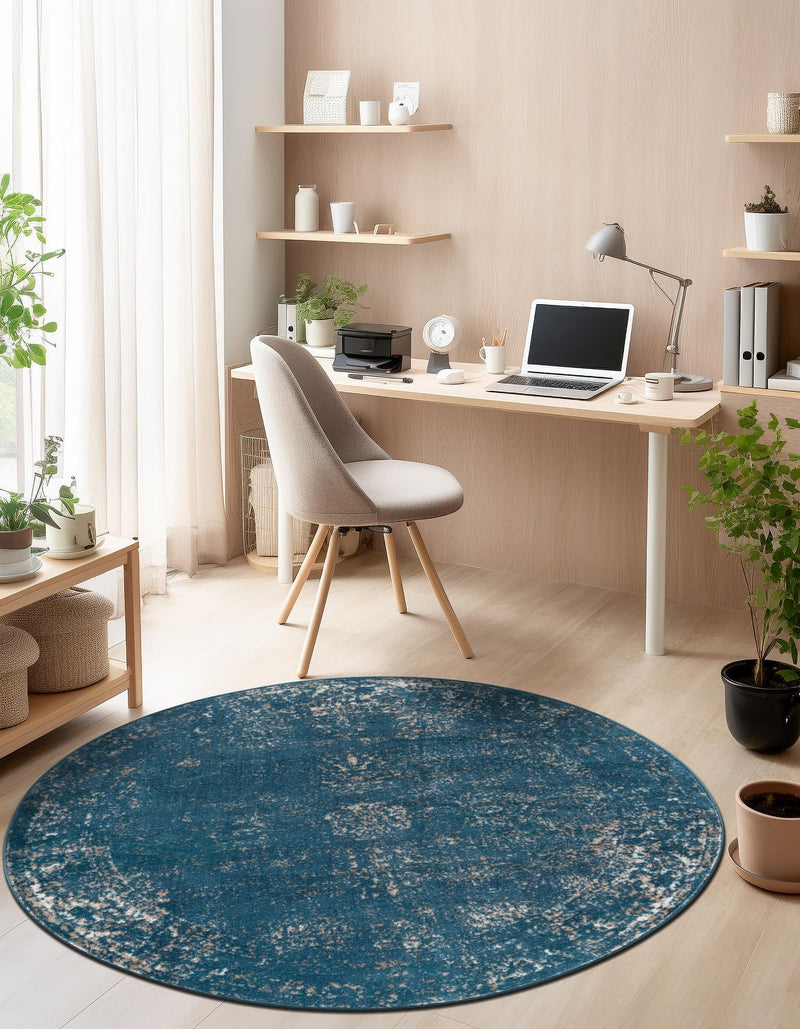 Riviera Elegance Collection Area Rug - Antibes (Blue) Round Blue lifestyle 11