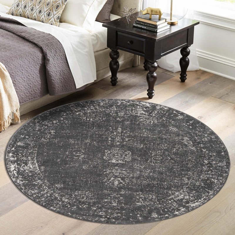 Riviera Elegance Collection Area Rug - Antibes (Dark Gray) Round Dark Gray lifestyle 52