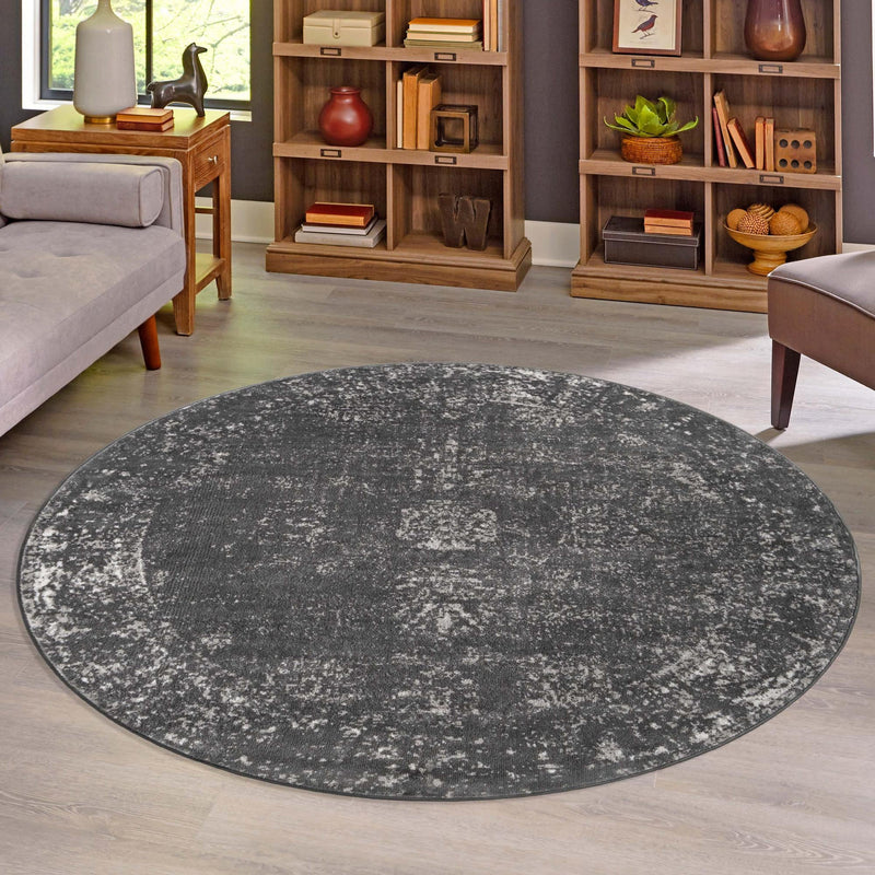 Riviera Elegance Collection Area Rug - Antibes (Dark Gray) Round Dark Gray lifestyle 53
