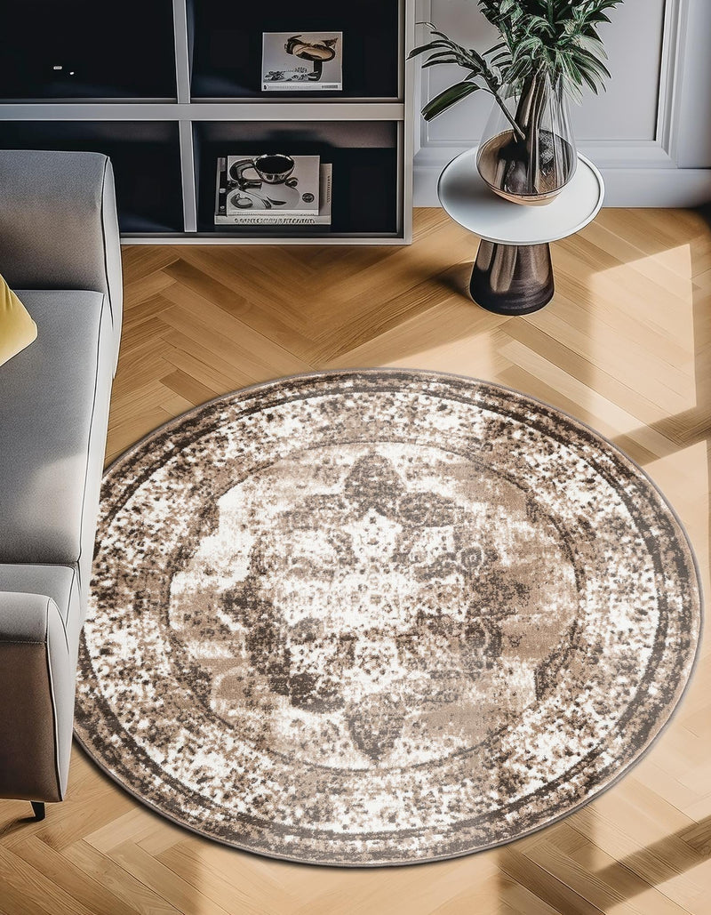Riviera Elegance Collection Area Rug - Menton (Light Brown) Round Light Brown lifestyle 39