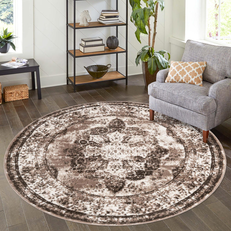 Riviera Elegance Collection Area Rug - Menton (Light Brown) Round Light Brown lifestyle 68