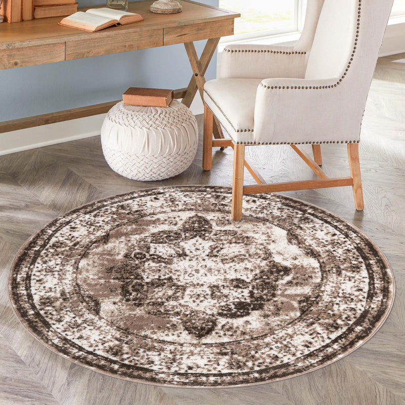 Riviera Elegance Collection Area Rug - Menton (Light Brown) Round Light Brown lifestyle 69