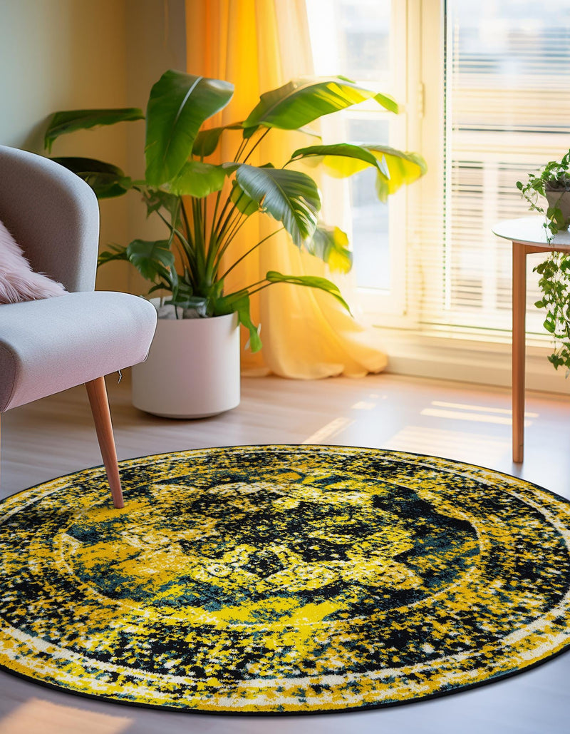 Riviera Elegance Collection Area Rug - Menton (Navy Blue) Round Navy Blue lifestyle 12
