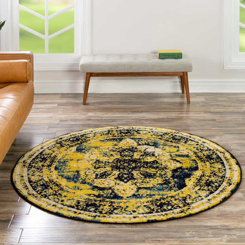 Riviera Elegance Collection Area Rug - Menton (Navy Blue) Round Navy Blue lifestyle 20