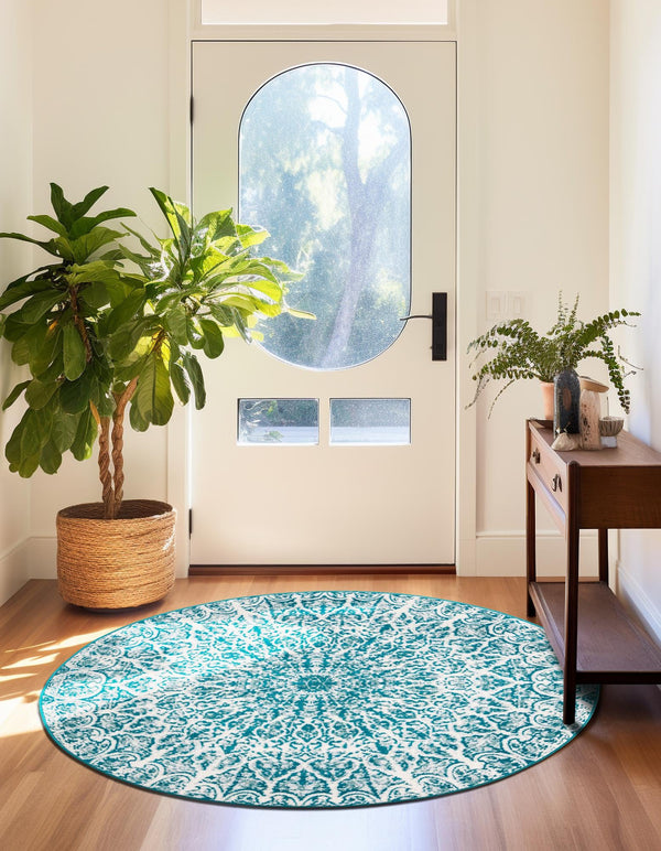 Riviera Elegance Collection Area Rug - Eze Round Turquoise lifestyle 135
