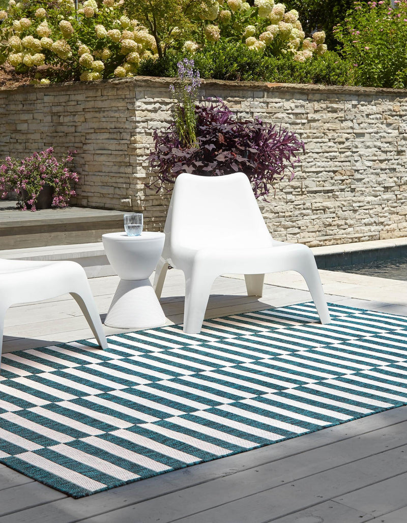 Patio Stripe Harmony Collection Area Rug - Cabana (Teal) Rectangle Teal lifestyle 3