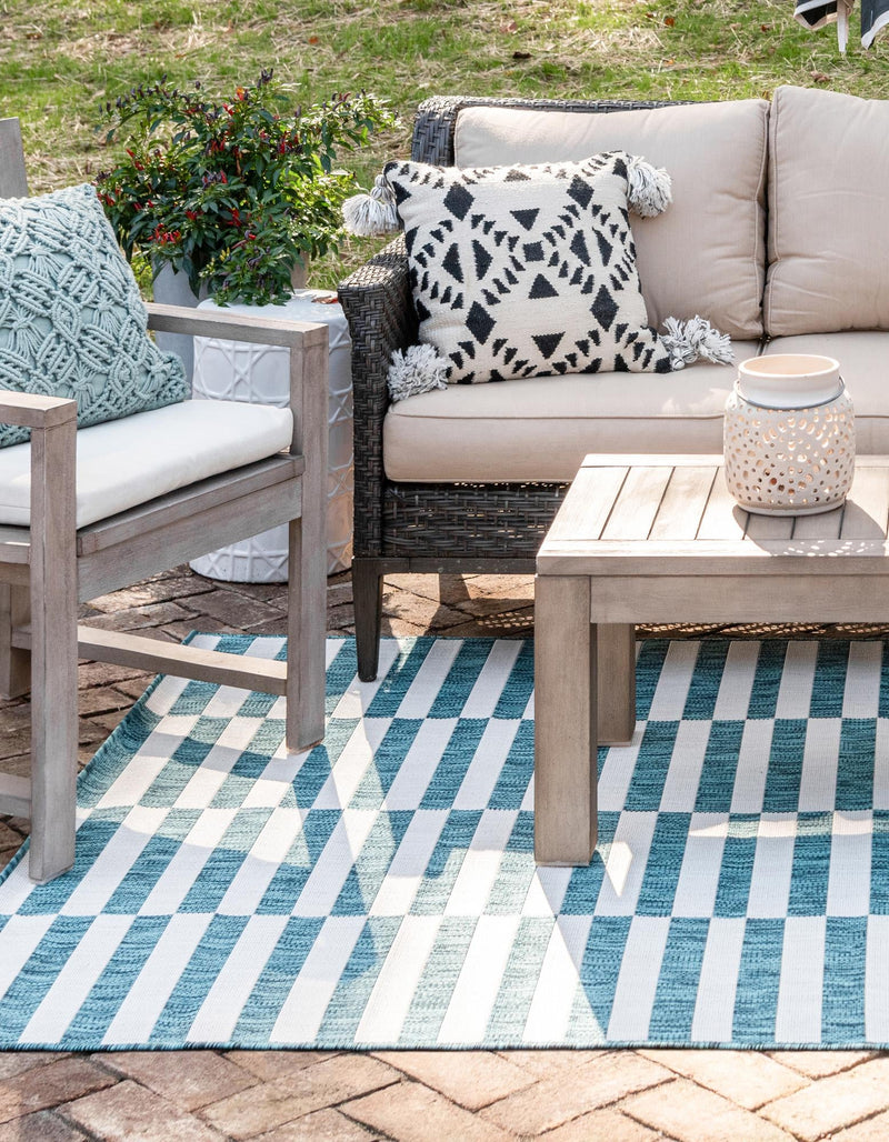 Patio Stripe Harmony Collection Area Rug - Cabana (Teal) Rectangle Teal lifestyle 5