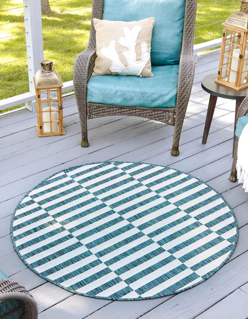 Patio Stripe Harmony Collection Area Rug - Cabana (Teal) Round Teal lifestyle 0