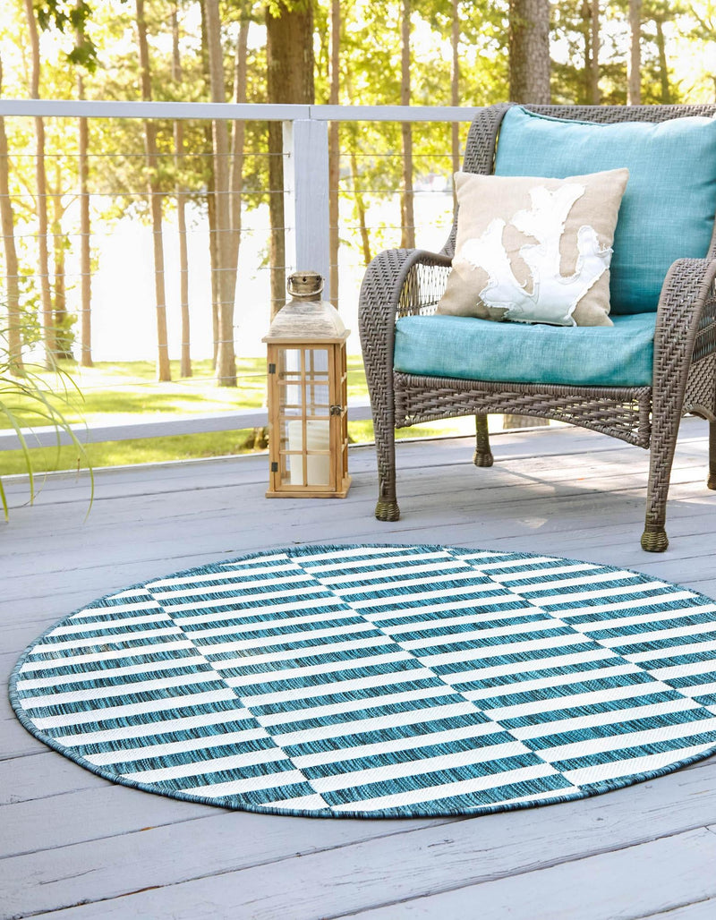 Patio Stripe Harmony Collection Area Rug - Cabana (Teal) Round Teal lifestyle 3