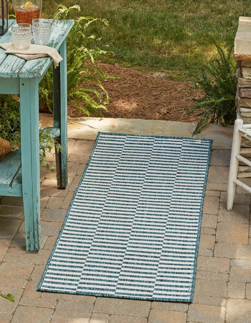 Patio Stripe Harmony Collection Area Rug - Cabana (Teal) Runner Teal lifestyle 0