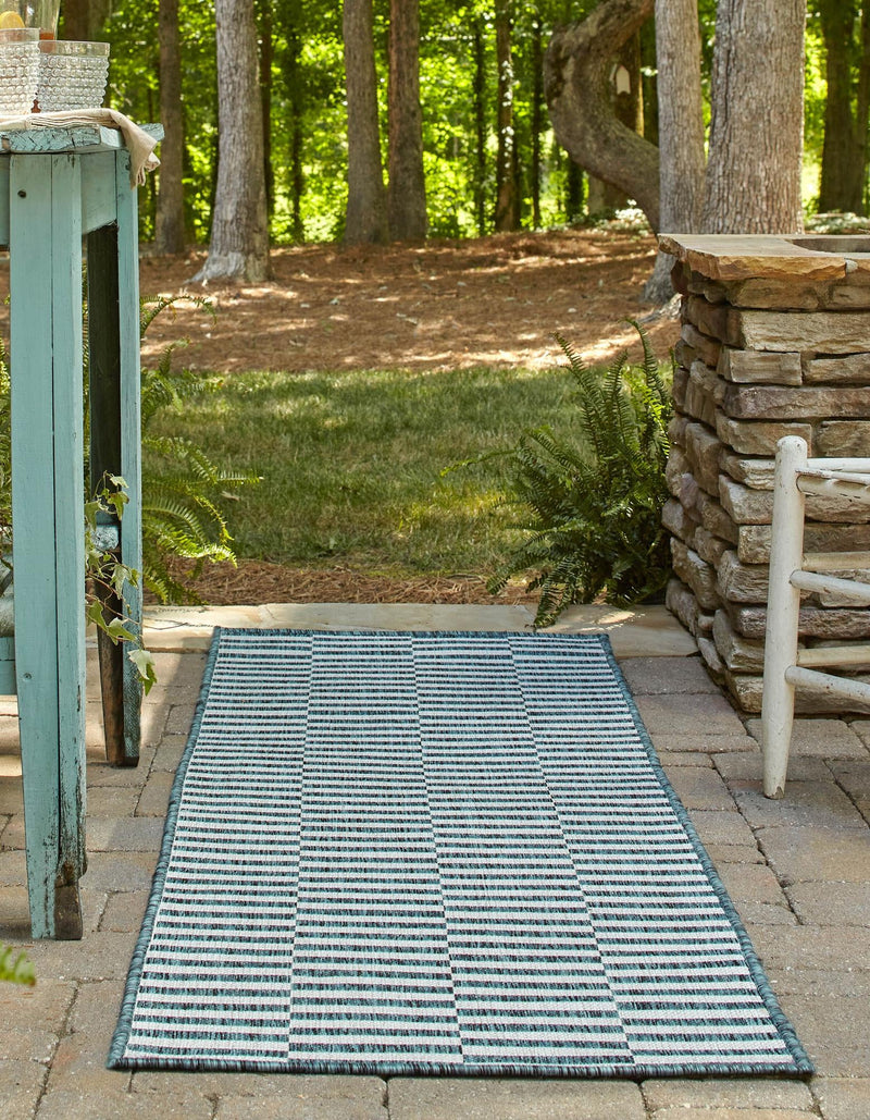 Patio Stripe Harmony Collection Area Rug - Cabana (Teal) Runner Teal lifestyle 2