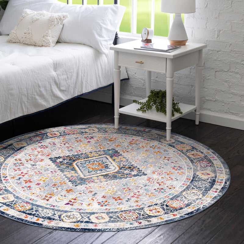 Prague Tapestry Collection Area Rug - Sumava Round Light Gray lifestyle 42