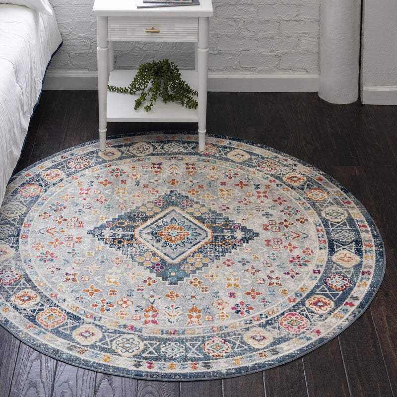 Prague Tapestry Collection Area Rug - Sumava Round Light Gray lifestyle 52