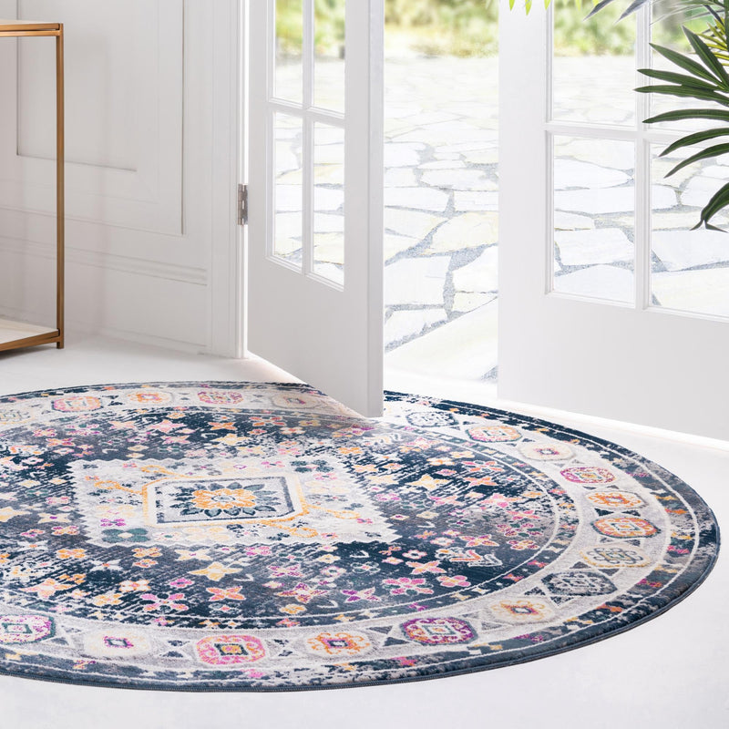 Prague Tapestry Collection Area Rug - Sumava Round Blue lifestyle 37