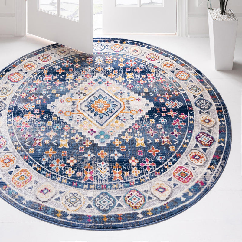 Prague Tapestry Collection Area Rug - Sumava Round Blue lifestyle 45