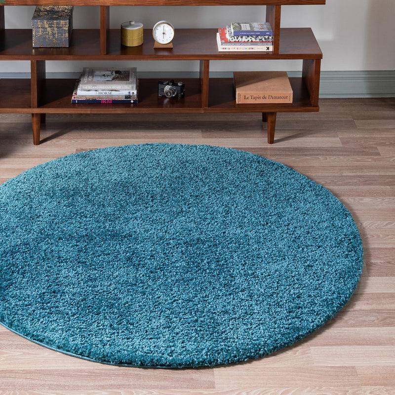 Cozy Comfort Shag Collection Area Rug - Haven (Turquoise) Round Turquoise lifestyle 11